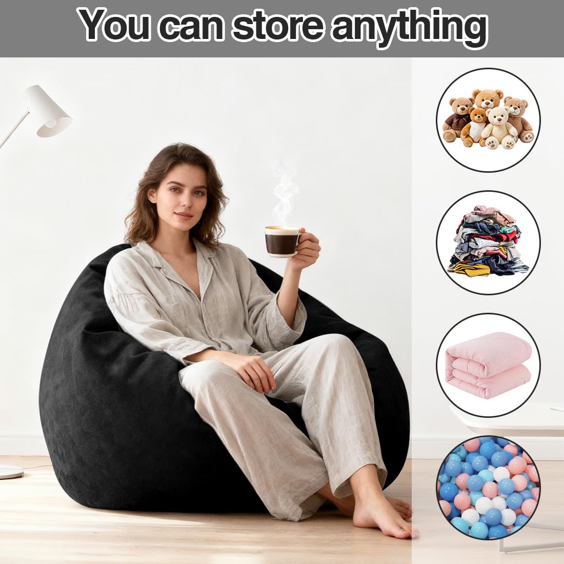 Pouf per bambini e adulti, 100 x 120 cm, pouf per adulti, grande sacco da gioco XL Bean Bag Chair, solo rivestimento, senza imbottitura, per interni ed esterni (nero)