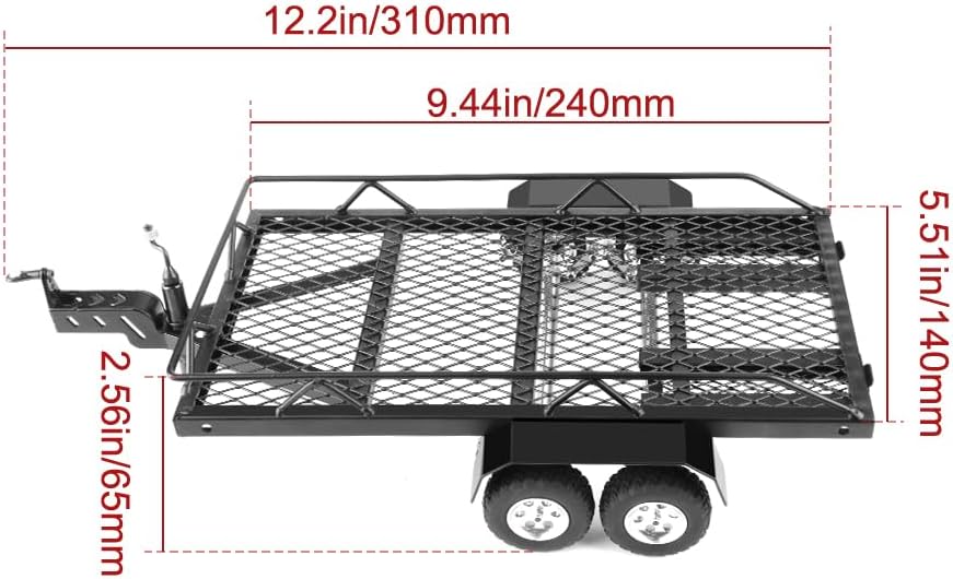 GLOBACT 1/24 RC Trailer with Hook Hitch Metal Flatbed Trailer for TRX4M Axial SCX24 FMS FCX24 1/18 1/24 RC Crawler Upgrade