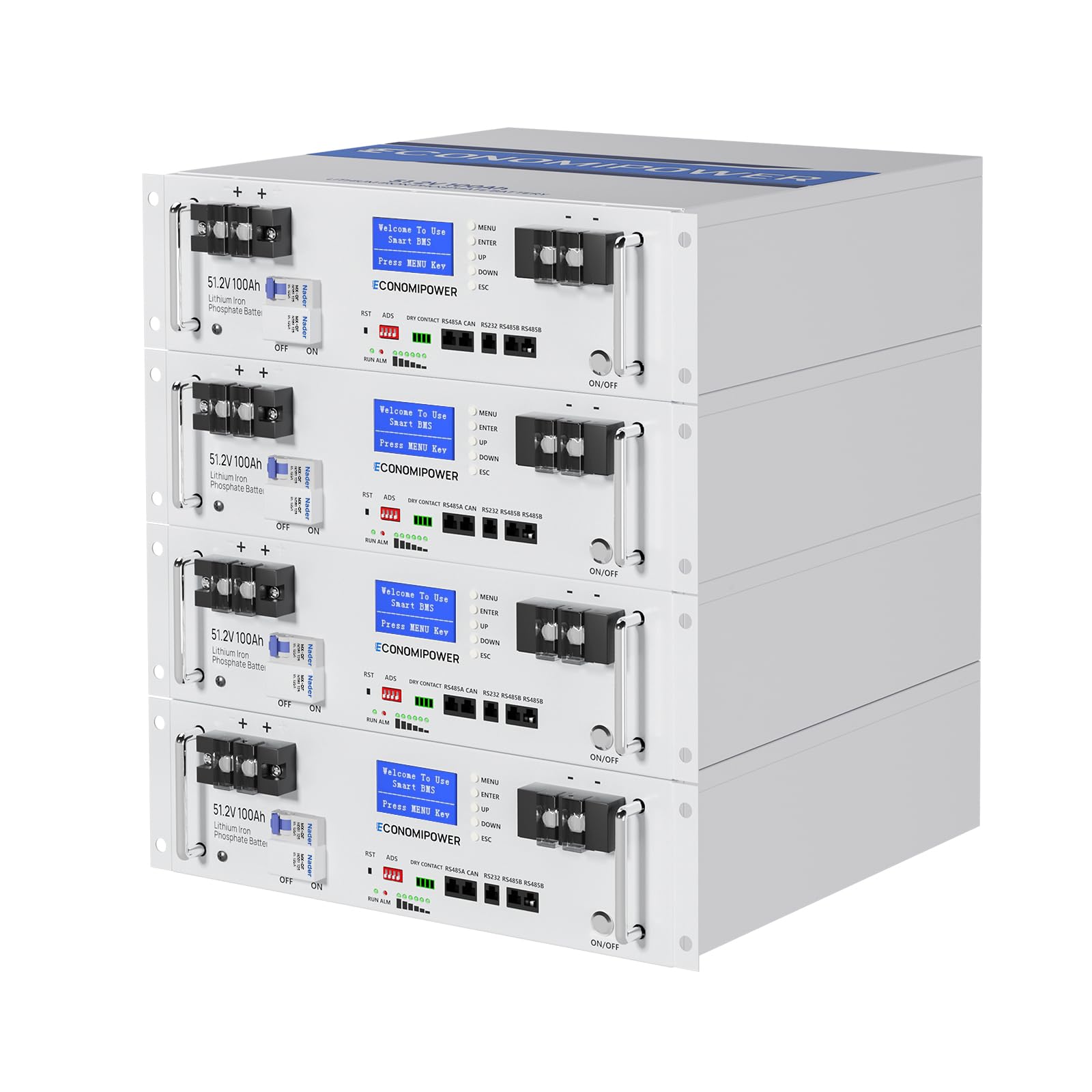 48V 400AH Server Rack Battery, 4PCS 48V 100AH Bluetooth LiFePO4 Battery, Support CAN & RS485, 3U Chassis, 20.48kWh Capacity, 6000+ Cycles, Perfect for Home, Cabin, Solar & Off-Grid Applications