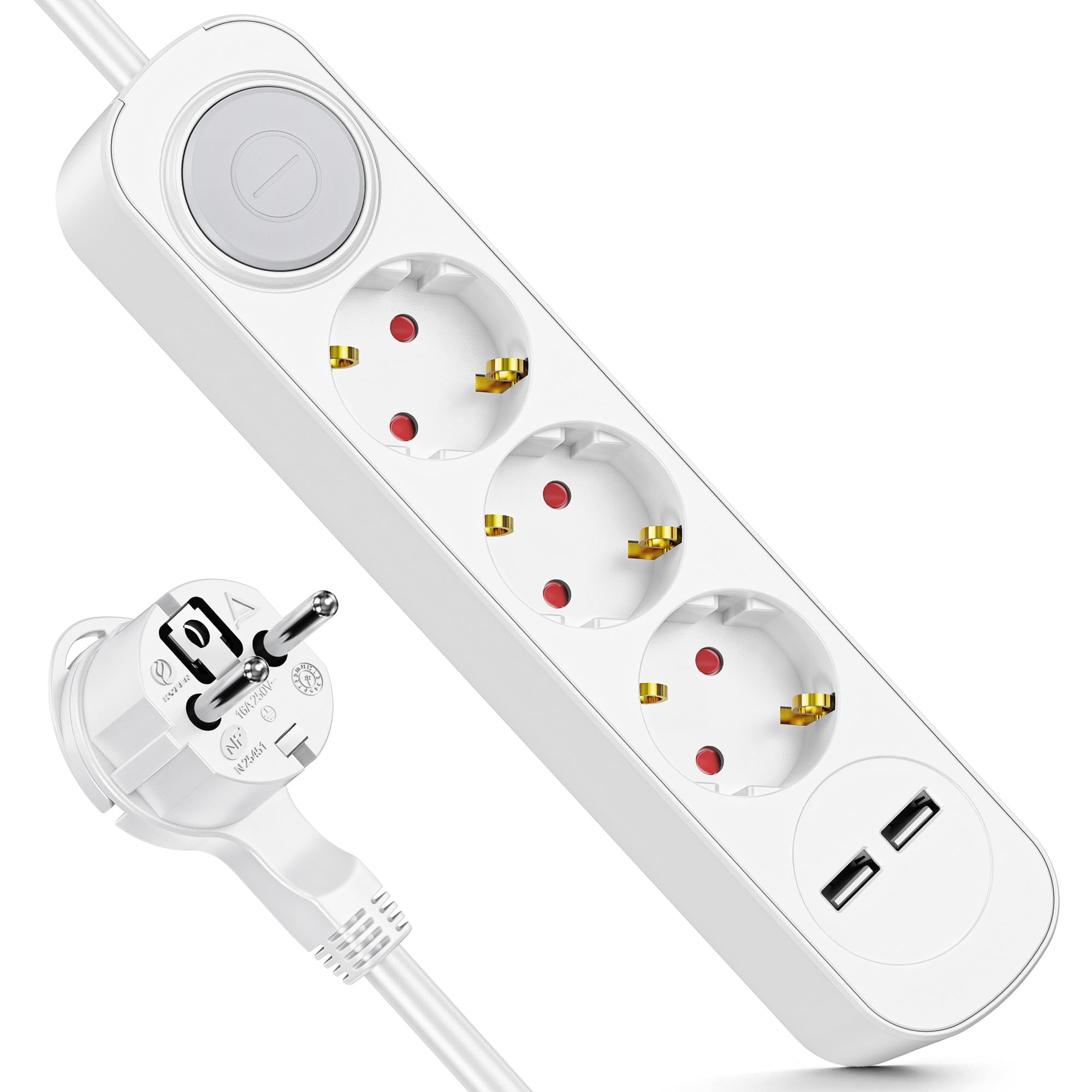 Realmade Direct Steckdosenleiste mit 3 Steckdosen & USB - 1,5m Verlängerungskabel mit Kindersicherung, 3680W Leistung & blendfreier LED, Perfekt für Zuhause/Büro (Familie & Profis)