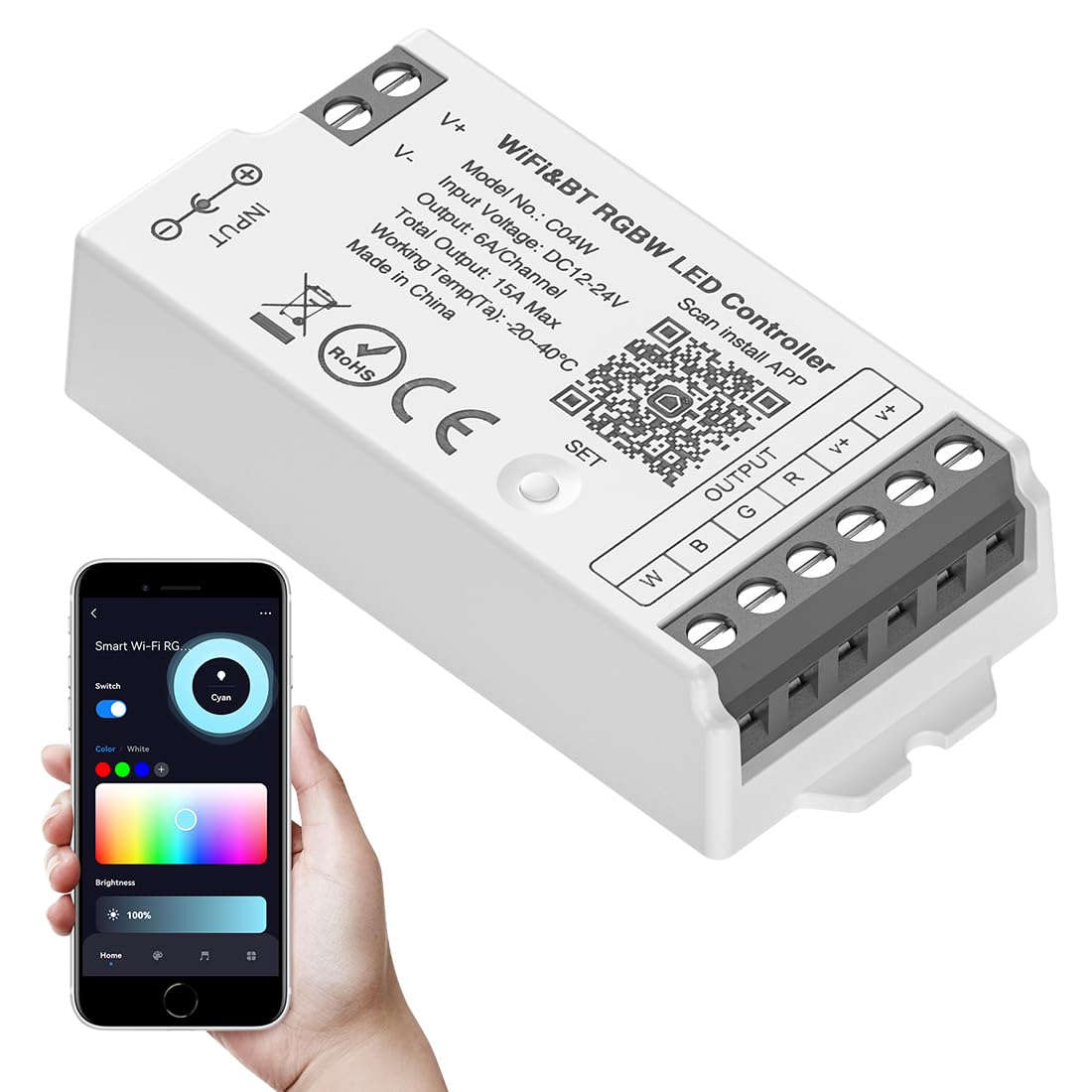 SEZO C04W RGBW WiFi Bluetooth LED Controller Gruppensteuerung Kompatibel mit Alexa Google Home/Tuya Smart Life APP Steuerung Arbeit With LM091 LM096 WR01RF Remote DC12-24V