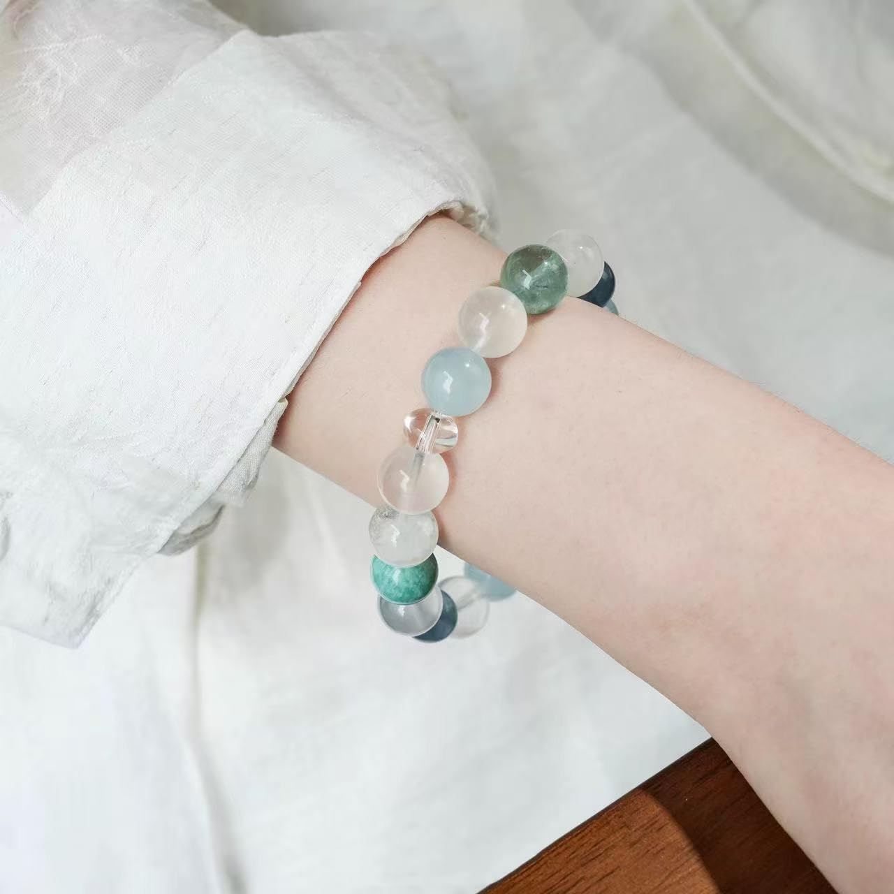 Pulsera Cuentas Pulsera De Cristal Blanco Aguamarina De 12mm Azul Y Blanco