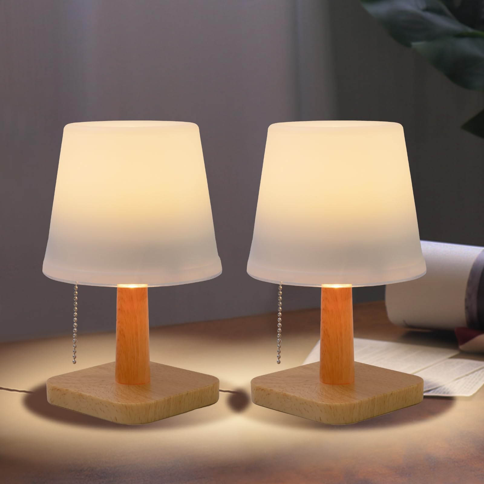 pearlstar Solar Table Lamp Outdoor - 2 Pack LED Waterproof Cordless Solar Desk Lamp with Pull Chain 2 Lighting Modes, Auto ON/Off for Outside Patio Coffee Table Garden Bedroom Living Room(White)