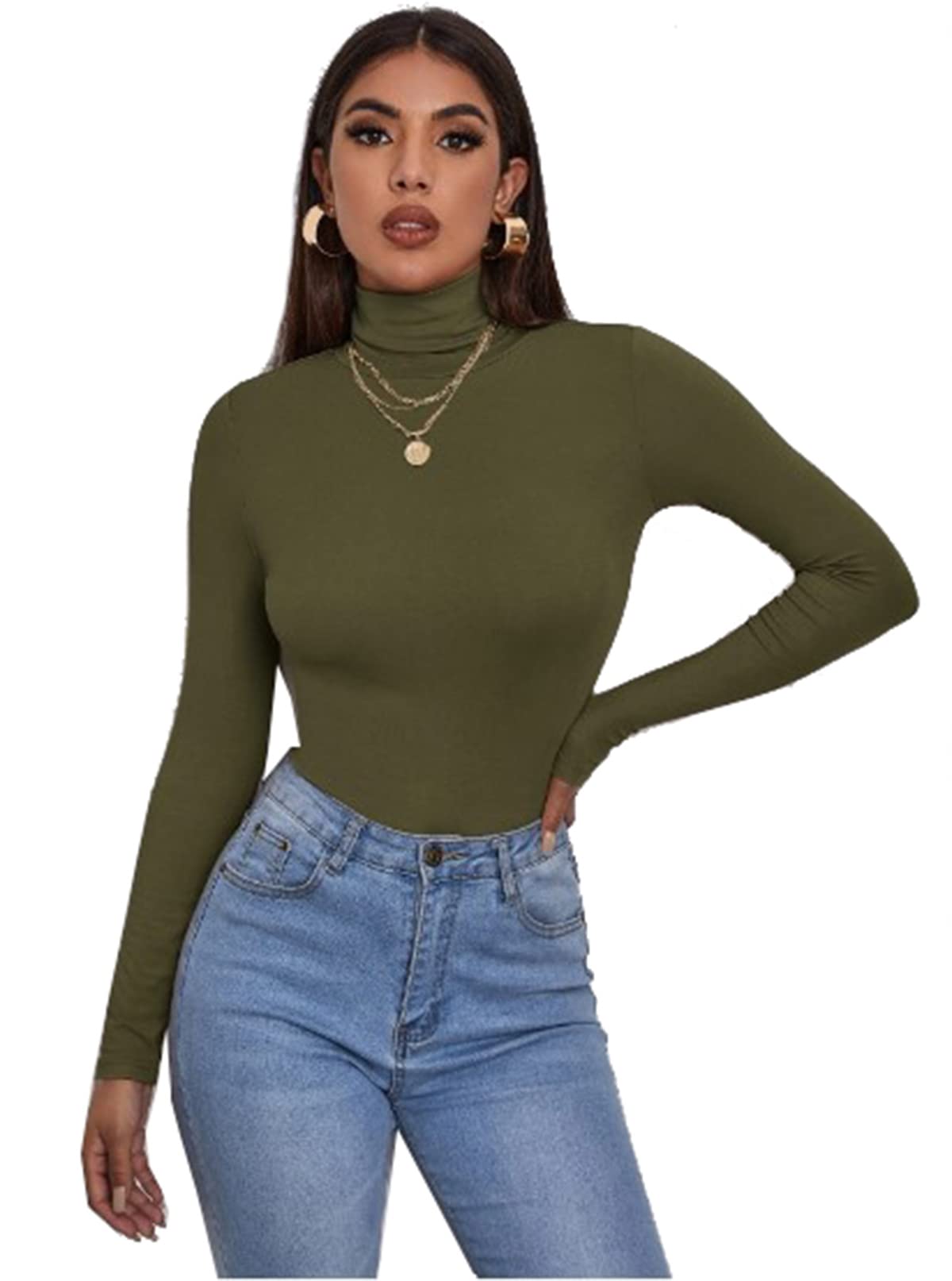 Zaif & Hari® Women's Polo Roll Neck Long Sleeve Turtle Neck Jumper - Ladies Plain Mockneck Casual Top (Khaki, 24-26)