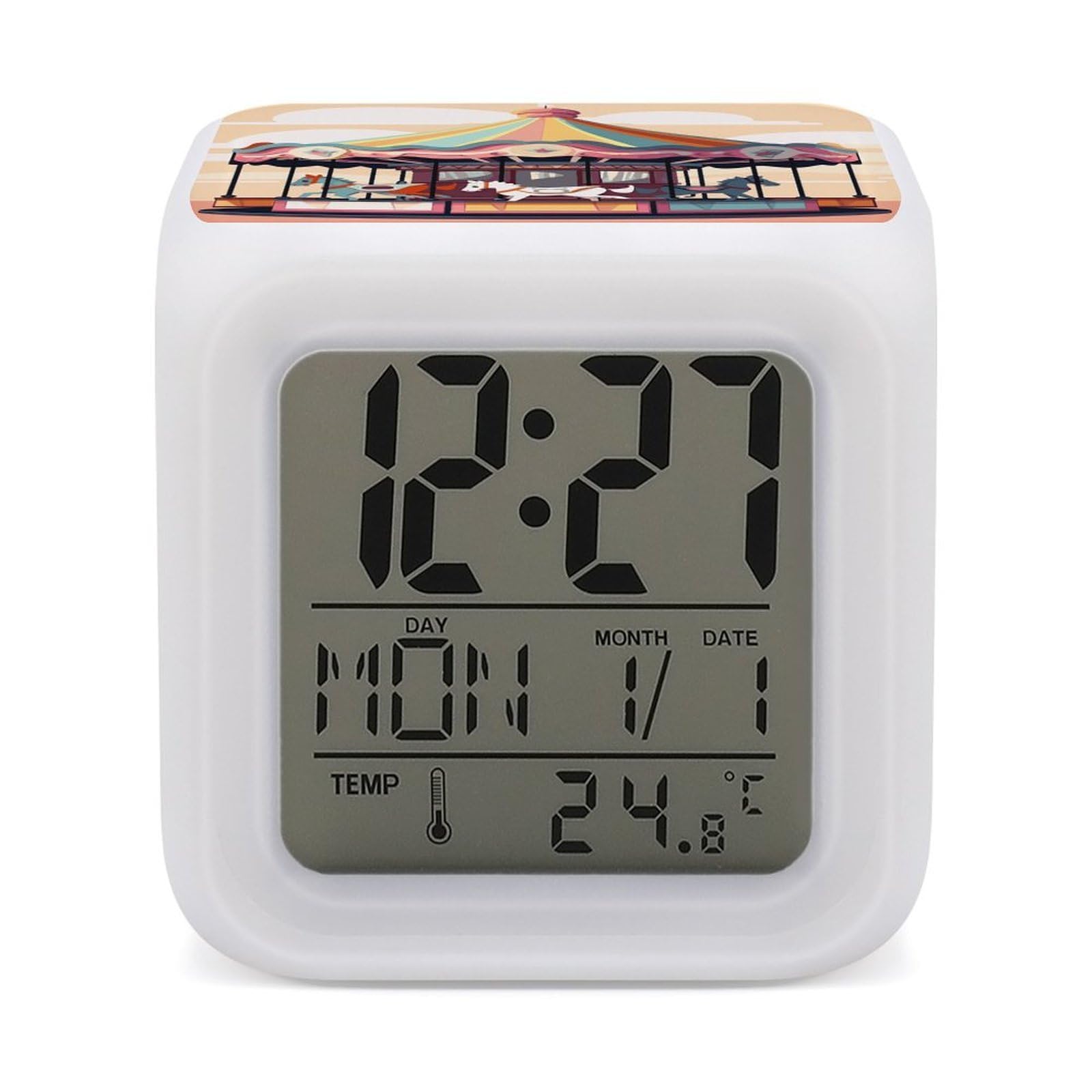 FodPand 7 Color Ambient Night Light Cube Battery Operated Carousel Digital Clock with Snooze Temperature LED Digital Alarm Clocks Dimmable Wake Up Light Portable Mood Lamp for Bedroom Desk Gift