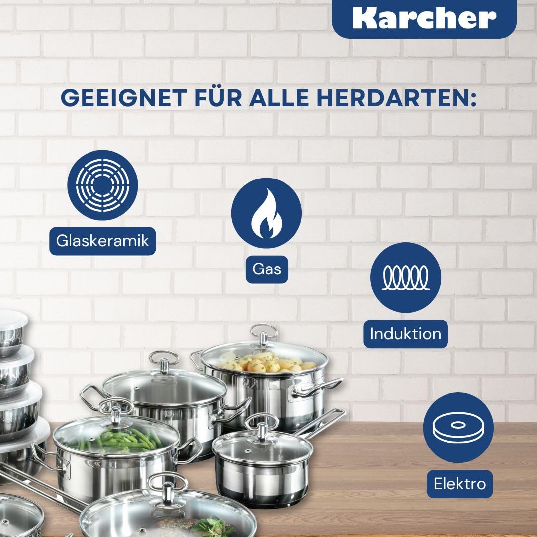 Karcher Topfset Jasmin 20-teilig | Edelstahl Kochtopf Set Induktion inkl. Glasdeckel | Töpfe & Pfanne spülmaschinenfest & backofenfest | Kochgeschirr für alle Herdarten mit Edelstahlschüsseln