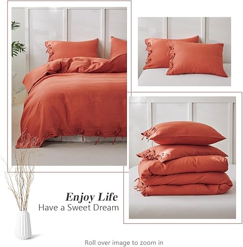 Miniatura 4 de Simple&Opulence Juego de funda de edredón 100% lino, 3 piezas con cierre de lazos, lino francés lavado, color liso, suave, transpirable, ropa de