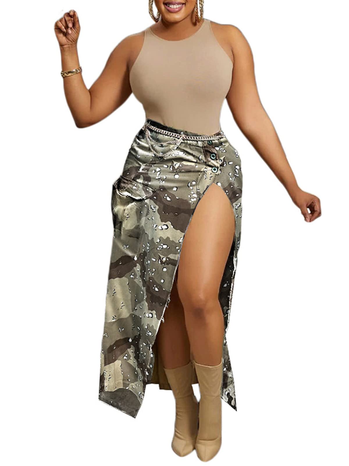 Camo Cargo Slit Skirt--Clearance
