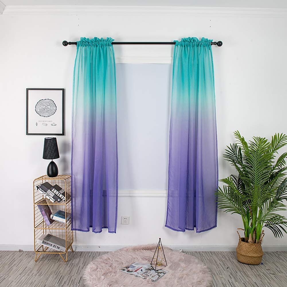BOYOUTH Blue and Purble Gradient Color Sheer Voile Curtains,Rod Pocket Window Screening for Bedroom,Living Room,Hotel,2 Panels,39 x 106 Inches