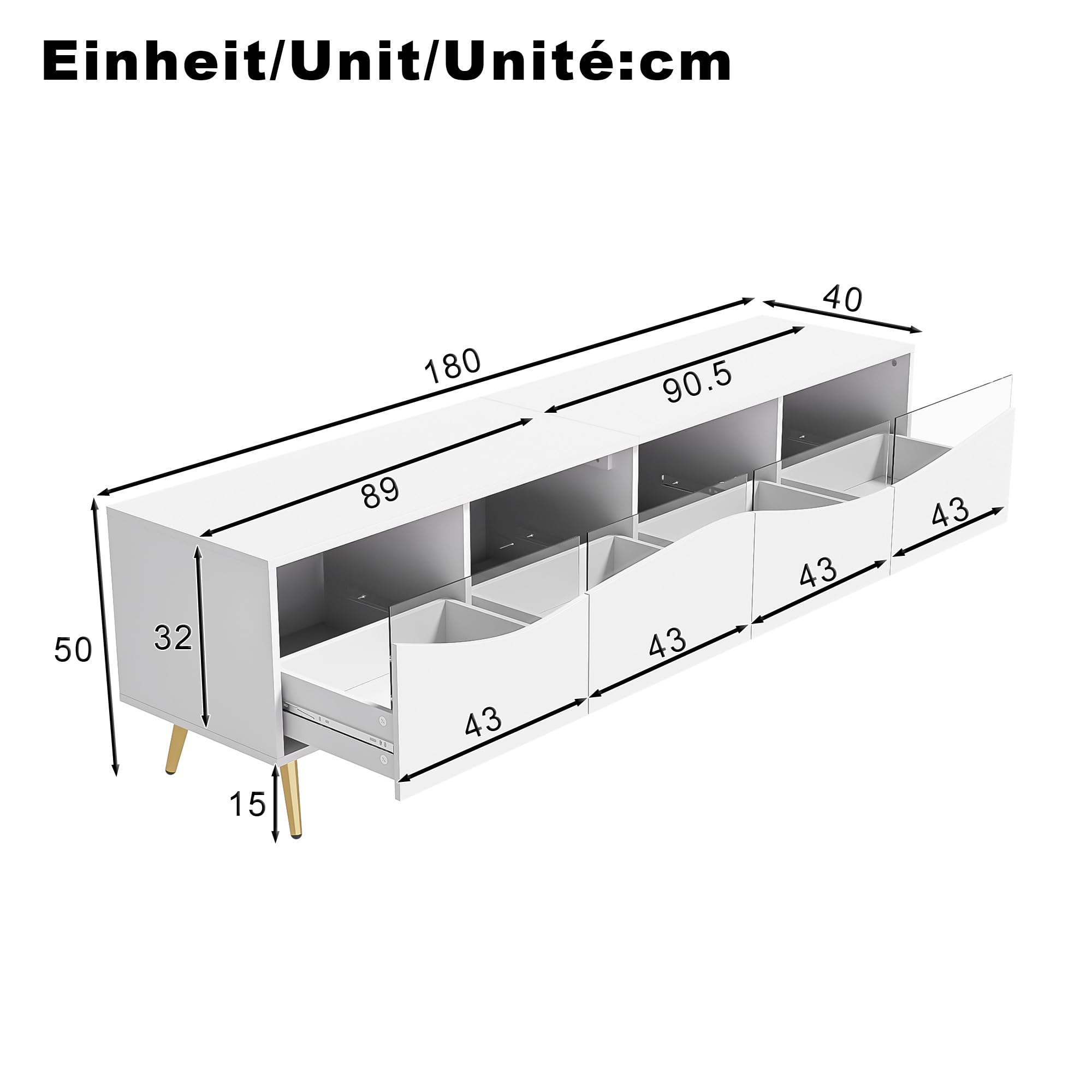 Meuble TV 180 cm avec LED, façade en verre, espace de rangement et pieds en métal doré, blanc pour salon