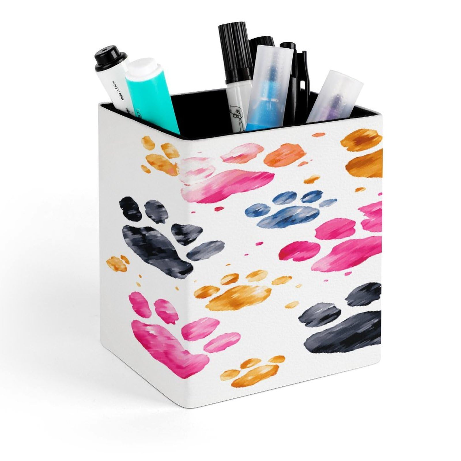 LZQPOEAS Colorful Dog Paws Square Pen Pencil Holder PU Leather Pencil Cup Desktop Stationery Organizer Office Accessories Container
