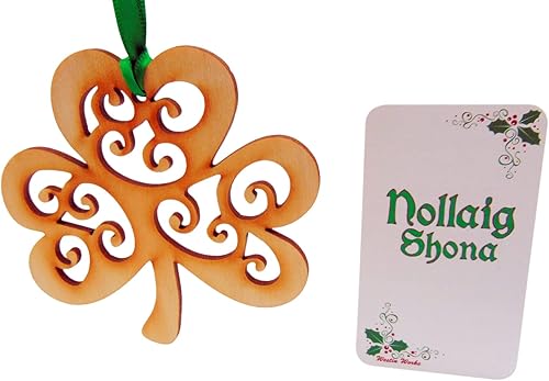 Juego de adornos irlandeses con decoración de trébol celta y tarjeta de Navidad de Irlanda con Nollaig Shona en gaélico, 3 pulgadas
