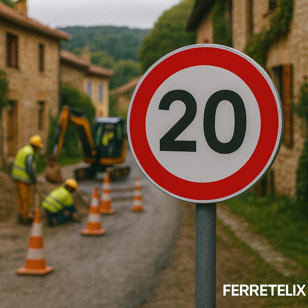 FERRETELIX Señal Tráfico Metalica Homologada Tipo MOPU 60 cm Reflectante Nivel 1 Velocidad máxima 20 R-301