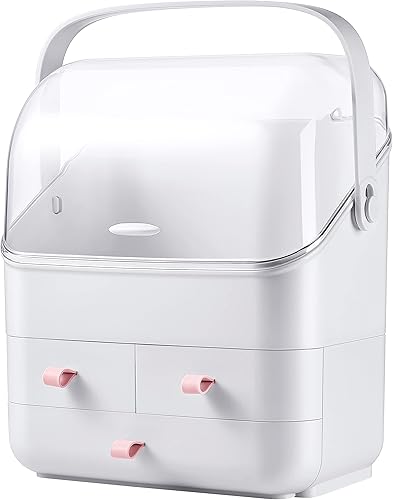 Miniatura 6 de LINFIDITE Caja de almacenamiento de cosméticos con tapa, caja organizadora de maquillaje con cubierta libre de polvo, asa portátil, vitrina de