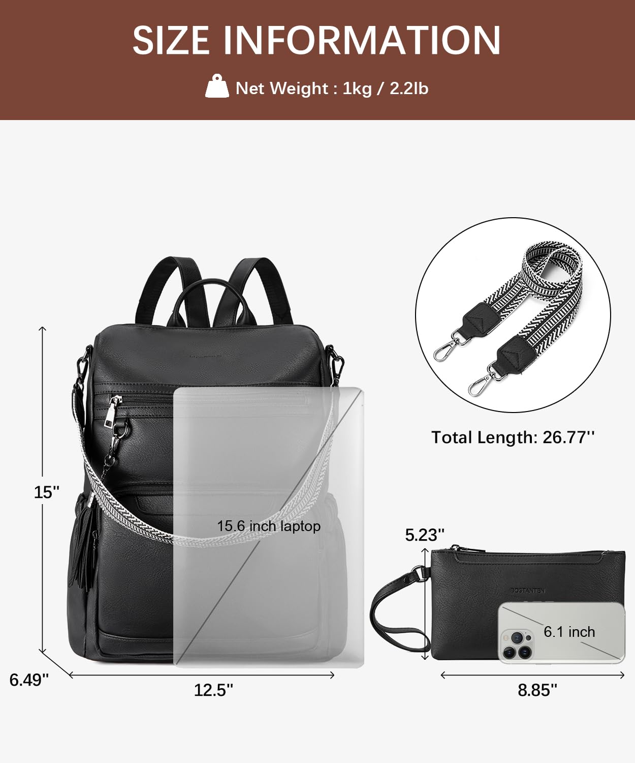 BOSTANTEN Mochila de piel para mujer, 2 piezas, mochila para mujer, diseño de moda, mochila de viaje, mochila de mano, mochila con bolso de muñeca