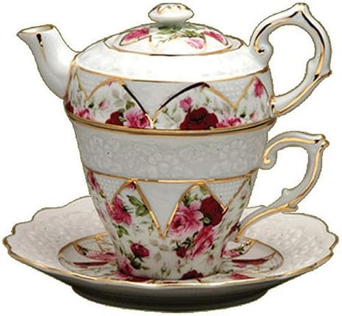 Gracie China by Coastline Imports Té de porcelana de 4 piezas para uno, platillo apilado para tetera, rosa roja