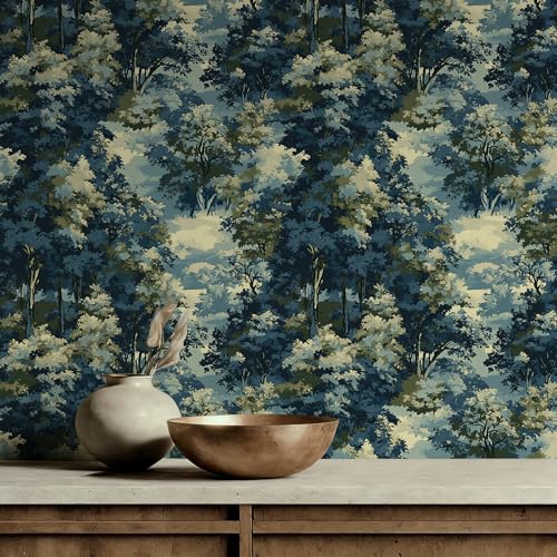 Micpolo Forest Peel and Stick Wallpaper Blue and Green Contact Paper Tree Wall Paper Woodland Botanical Wallpapers Self-Adhesive Removable Waterproof for Bedroom Bathroom Cabinet Vinyl 17.3 x 78.7