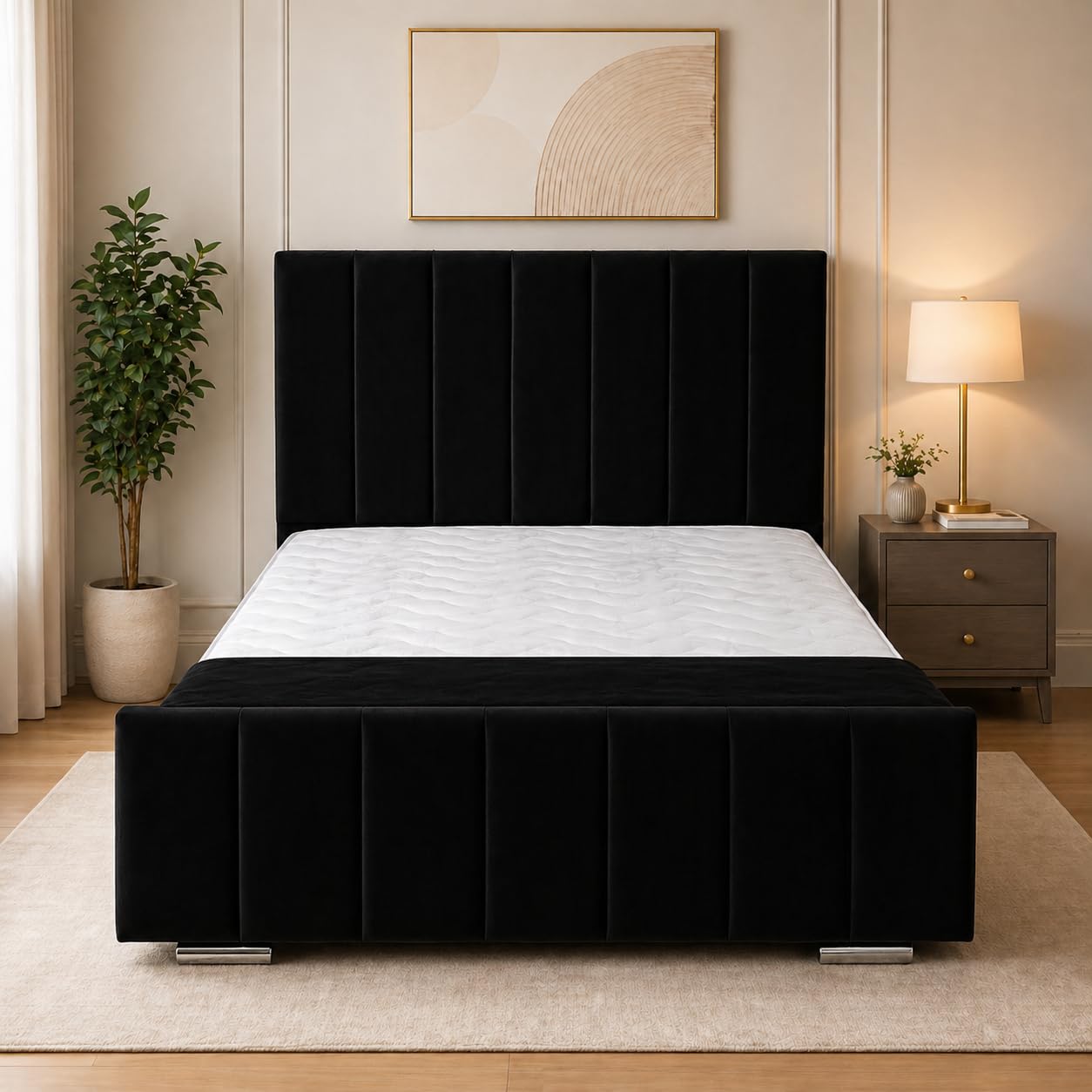 Kensington Upholstered Bed Frame – Luxury Plush Velvet Platform Bed Frame with 48 Inch Headboard – Modern Strong Durable Wooden Bed Frame for Bedroom- (Black, Single)
