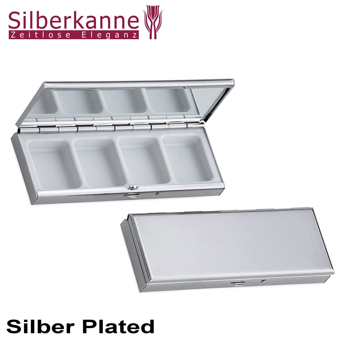 Silberkanne Hamburg - Pastillero (4 compartimentos, 3,5 x 10 cm, bañado en plata, con caja de regalo)