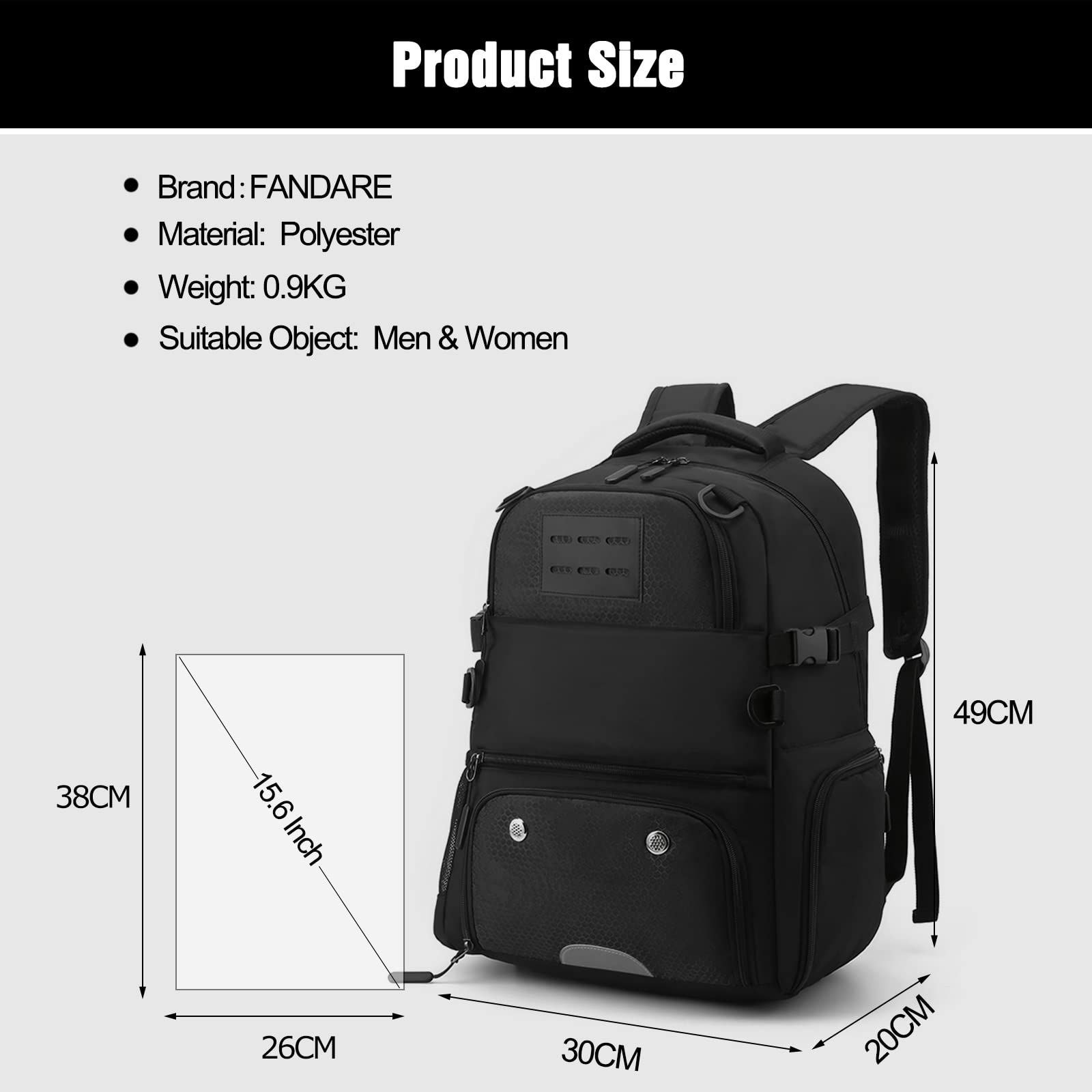 FANDARE Sac à dos de basket-ball Grand sac de sport avec poche à balles séparée & Compartiment chaussures Sacs à dos pour 15,6 pouces ordinateur portable pour le football, Volley-ball,Voyager,Étudiant
