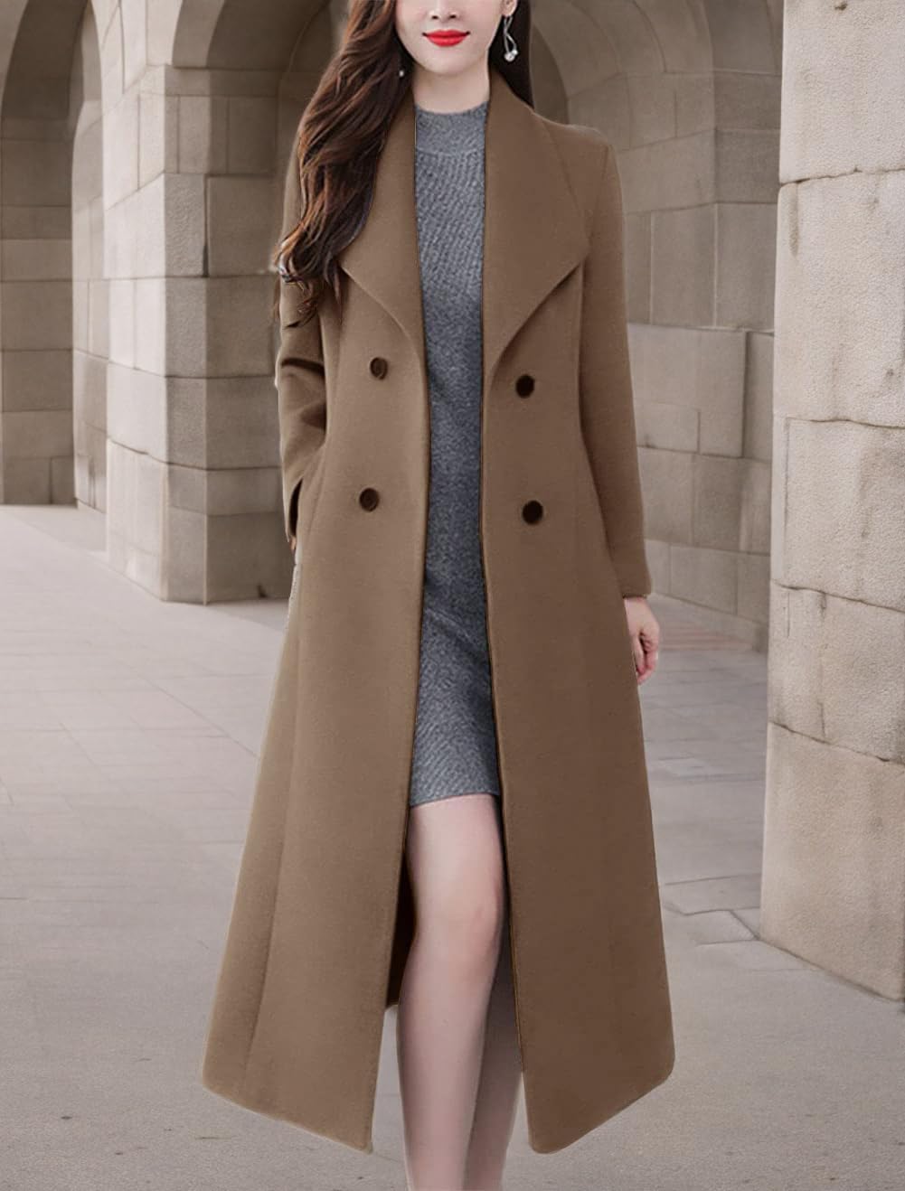 chouyatou Women's Maxi Long Wool Blend Pea Coat Shawl Collar Double Breasted Winter Trench Coat Overcoat - Image 2