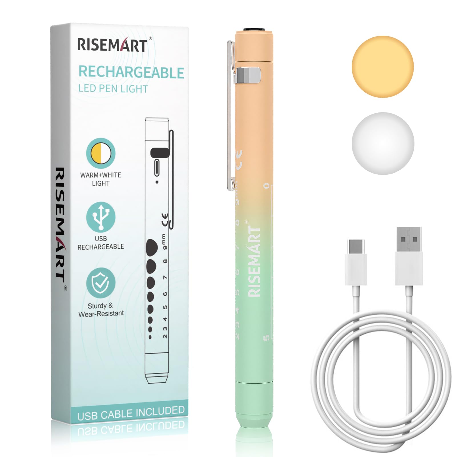 RISEMART Pupillenleuchte Diagnostikleuchte, Wiederaufladbare LED Pupillenleuchte mit USB-Kabel, Warmes/Kühles Weiß