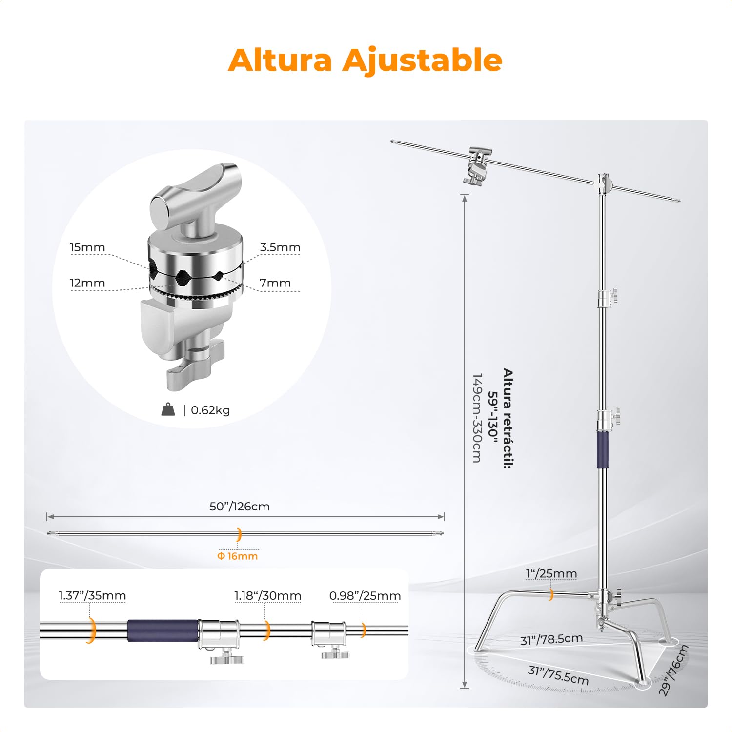 K&F CONCEPT Soporte C 330cm Acero Inoxidable para Estudio | Brazo de pluma ajustable, 2 cabezales mango, carga 20kg, trípode luz fotografía, con sandbag, TL05