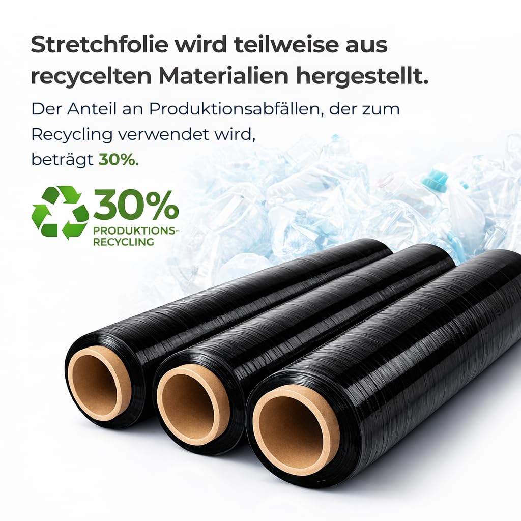 Stretchfolie 1,5kg - 6 Rollen - 170 m x 50 cm - 23 my - Schwarz – Extra Stark & Reißfest – Palettenfolie Wickelfolie für Umzug - Lager & Verpackung - Strechfolienrolle