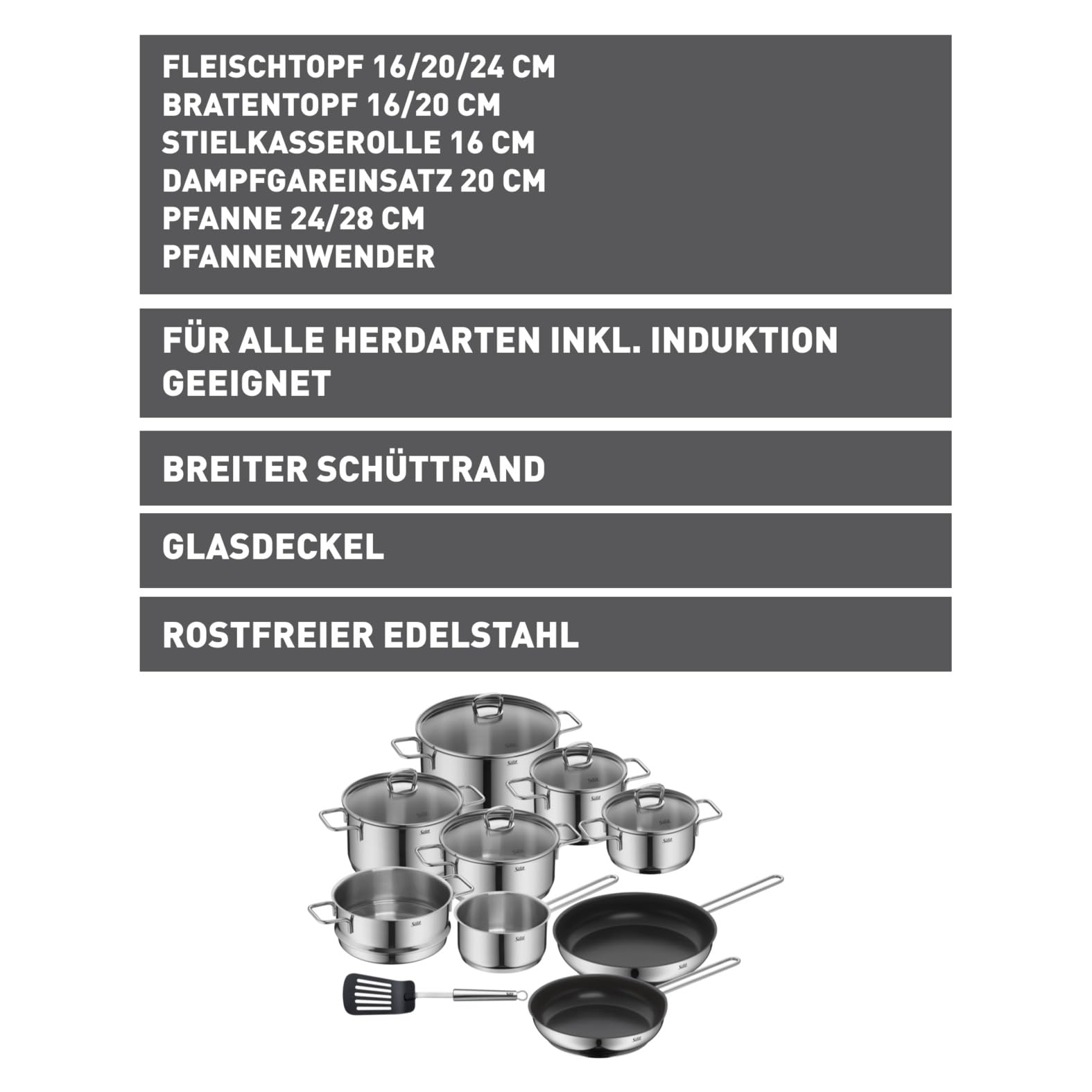 Silit Alicante Topfset Induktion 10-teilig, Kochtopf Set mit Glasdeckel, Edelstahl poliert, Induktions Töpfe Set unbeschichtet