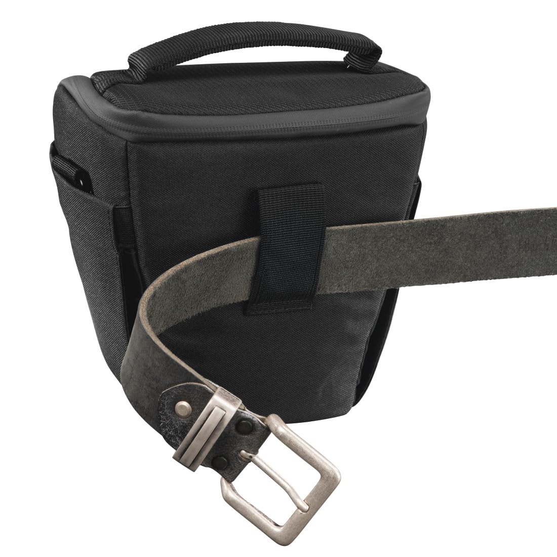 Hama Kameratasche Matera 110 Colt (kompakte Fototasche für Gürtelschlaufe, Colttasche für Digitalkamera und Zubehör, Umhängetasche mit Schultergurt und Zubehörfächern, recyceltes PET) schwarz