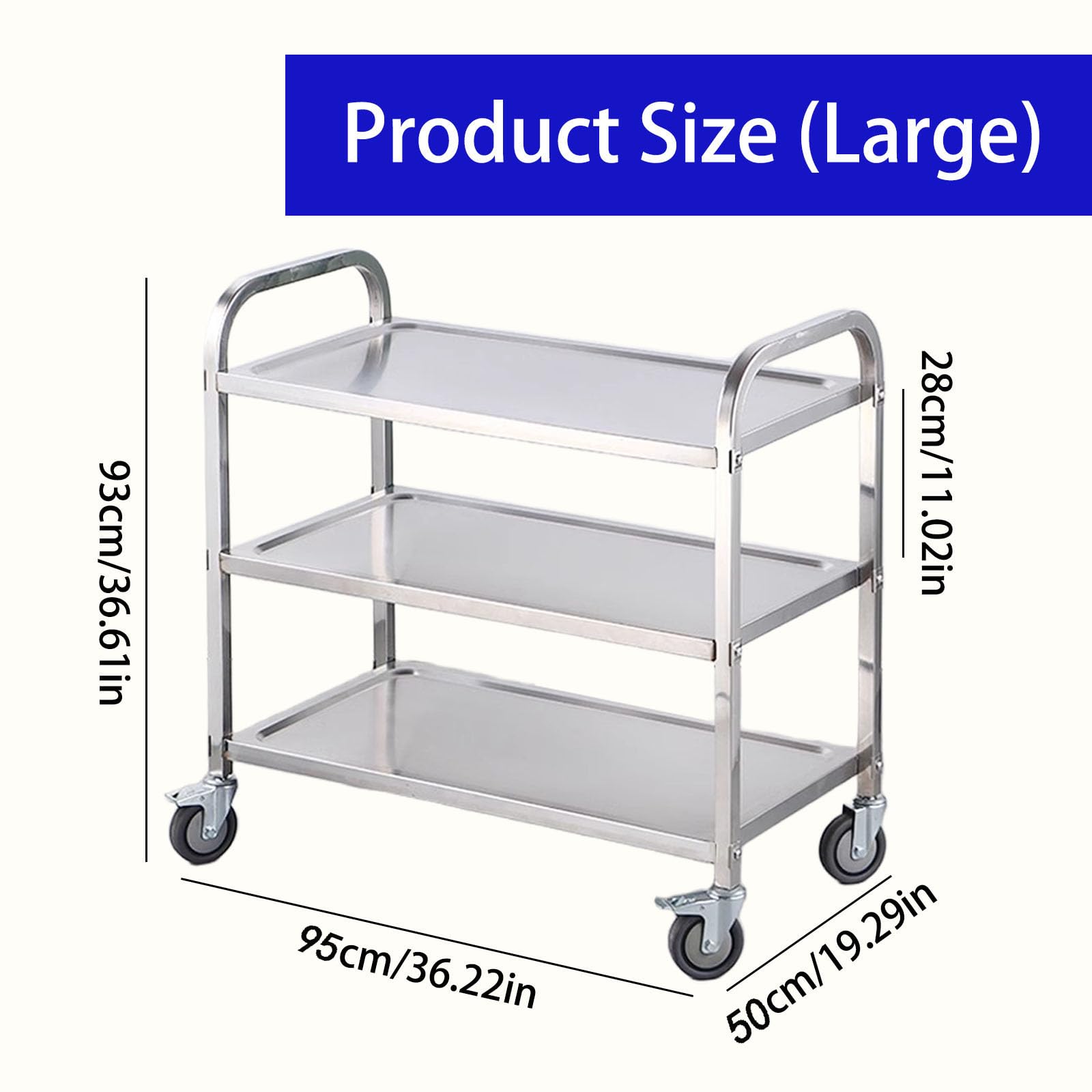 Carrello da cucina in acciaio inox con ruote bloccabili – Carrello versatile a 3 ripiani per hotel, ristoranti e uso domestico – Soluzione di stoccaggio 85 x 45 x 88 cm,3 Couches-95*50*93cm