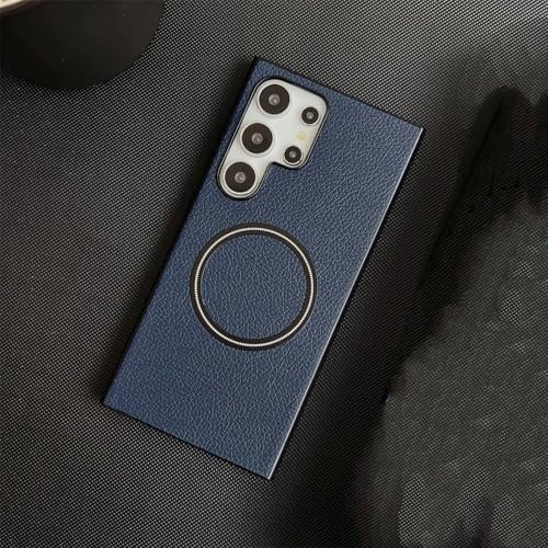Étui en cuir de luxe pour Samsung S22 Ultra avec design grain litchi bleu élégant