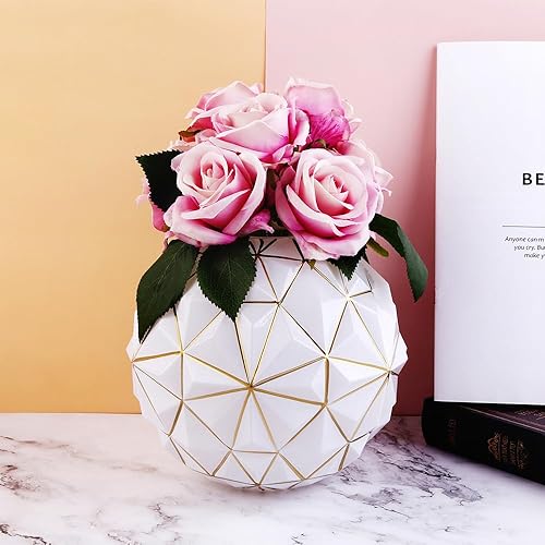 Miniatura 3 de Florero de cristal dorado con diseño de rombos en un bonito florero de flores blancas para estantería, mesa de comedor, sala de reuniones, baño,