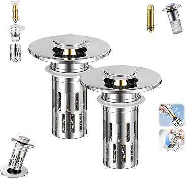 Drain Stopper, Bathroom Sink Stopper, Push Button Bathroom Sink Drain Stopper, Bathroom Sink Drain Plug with Hair Trap, Universal 2-in-1 Pop-Up Drain Stopper
