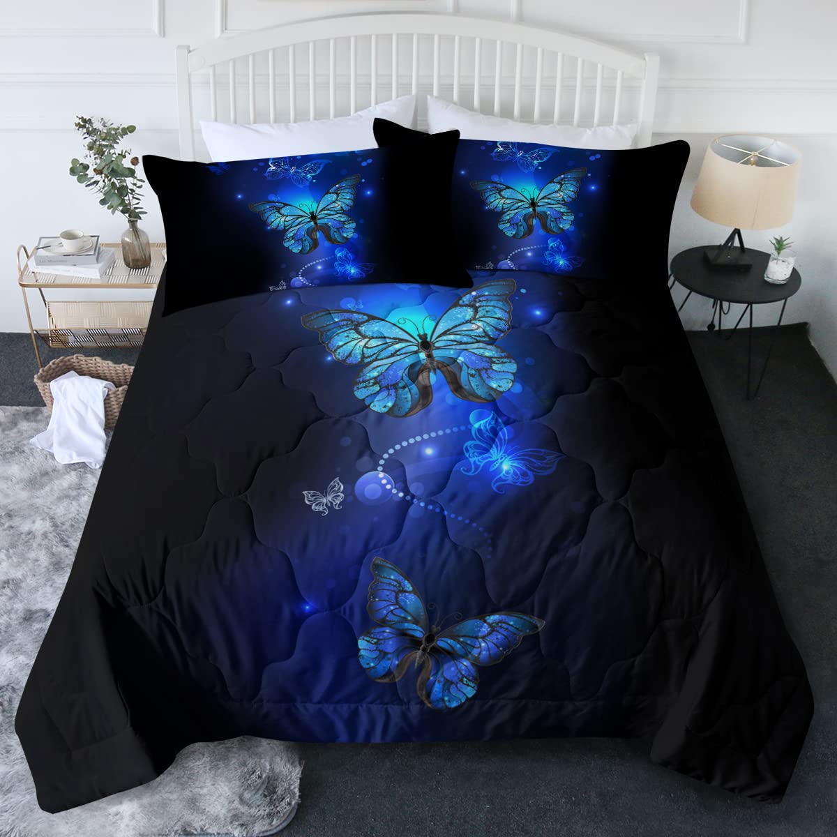 BlessLiving Blue Butterfly Twin/Twin XL Comforter Set Glowing Butterflies Bedding for Girls Women Neon Butterfly Black Bed Sets 3 Piece Butterfly Quilt Set for Twin/Twin XL Beds
