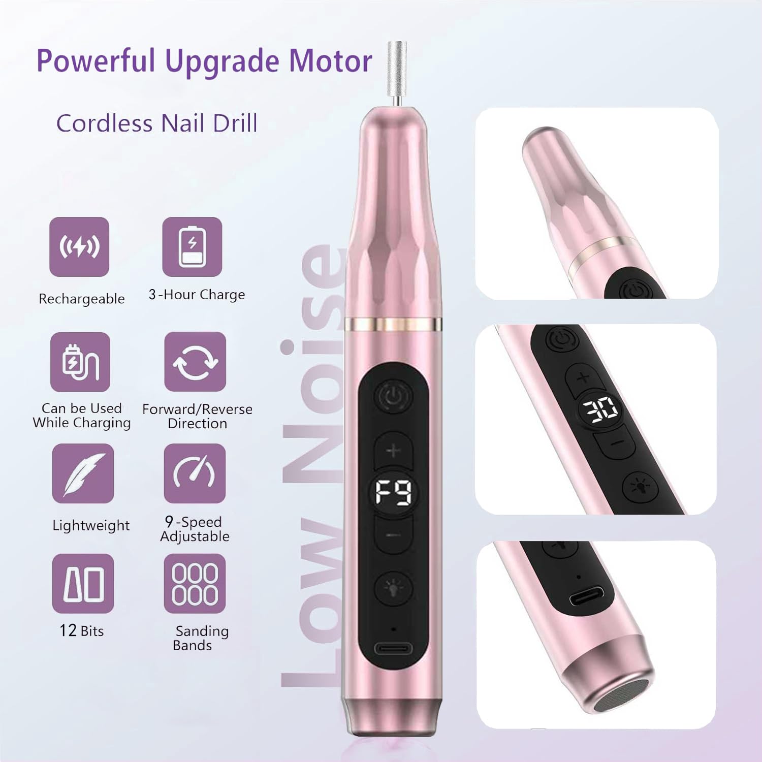 Fresa per Unghie 12 in 1 Kit Professionale 20000RPM Elettrica Fresa Unghie Elocità Regolabil Lima Lampada Unghie LED UV 2 in 1 Rosa