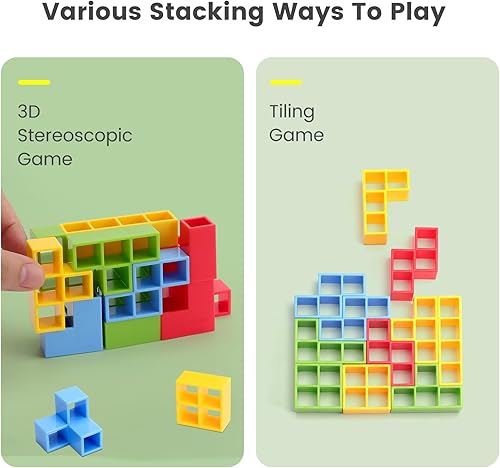 Miniatura 5 de Kiapeak Juego de 32 bloques de equilibrio de torre Tetra para apilar, juegos de mesa familiares, juguetes apilables de equilibrio para niños y