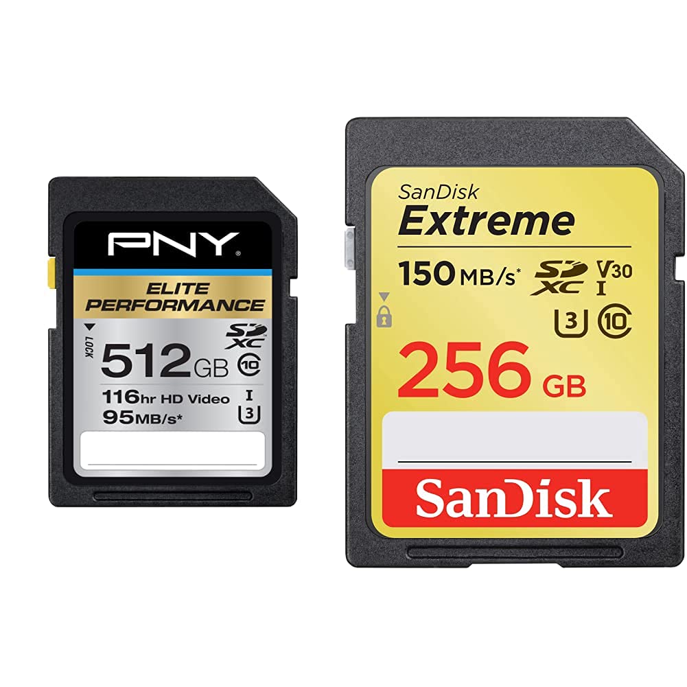 PNY 512GB Elite Performance Class 10 U3 SDXC Flash Memory Card & SanDisk 256GB Extreme SDXC UHS-I Card - C10, U3, V30, 4K UHD, SD Card - SDSDXV5-256G-GNCIN