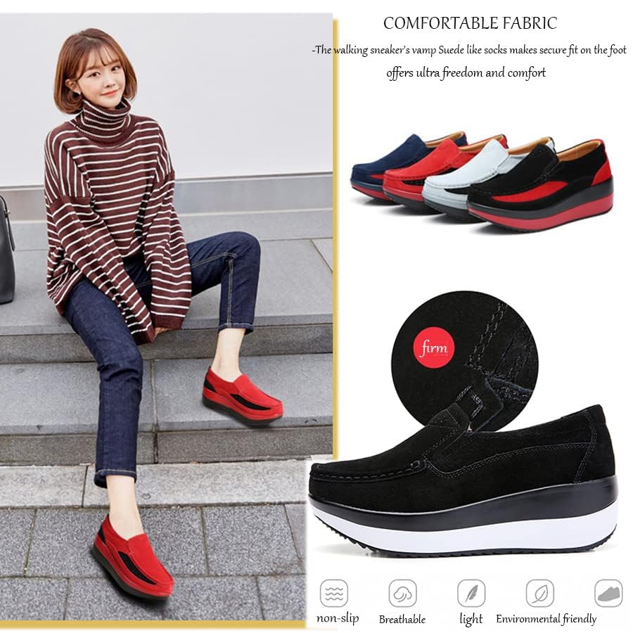 CrazySavage Women's Toning Rocker Walking Shoes Platform Suede Sneakers Slip On with Wedge Orthotic Insole Pain Relief Arch Support That3