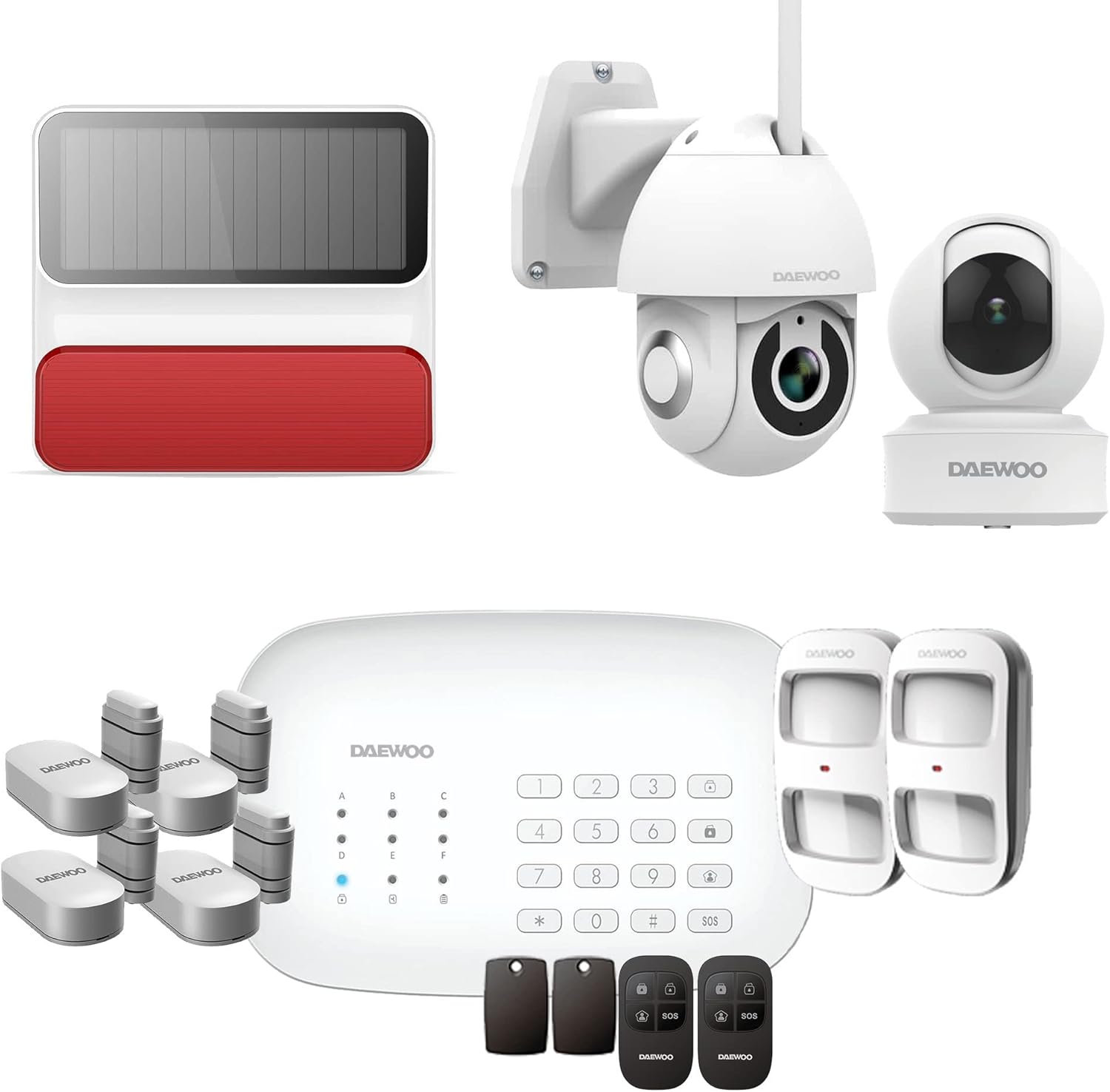 Daewoo Security SA636 - Modelo Premium Plus Compatible Animales, Alarma Casa Inalámbrica WiFi/gsm Conectada, Sirena Exterior, 2 Cámaras, Compatible con Amazon Alexa, Google Home Blanco