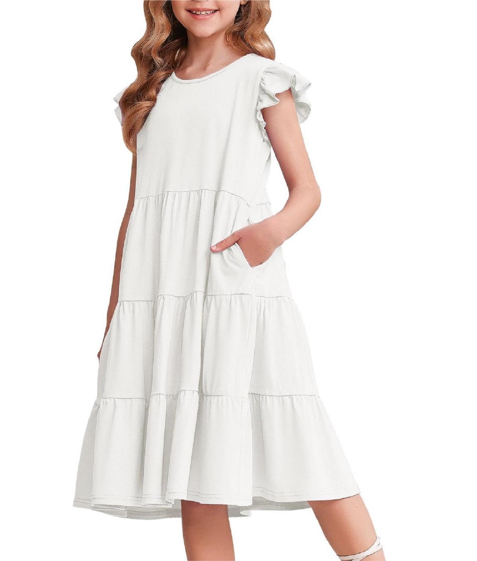 Arshiner Niñas Vestido de Verano con Mangas de Volantes Vestido Infantil de Algodón Vestido de Ocio con Escote Redondo Mangas Cortas Swing Vestidos de Fiesta para Niñas 4-14 Años