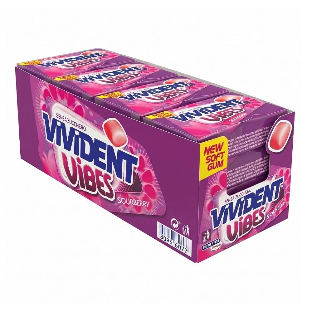 Vivident Vibes Sourberry Soft Gum Gusto Frutti Rossi, Confezione da 16 Astucci, Senza Zucchero, Senza Glutine
