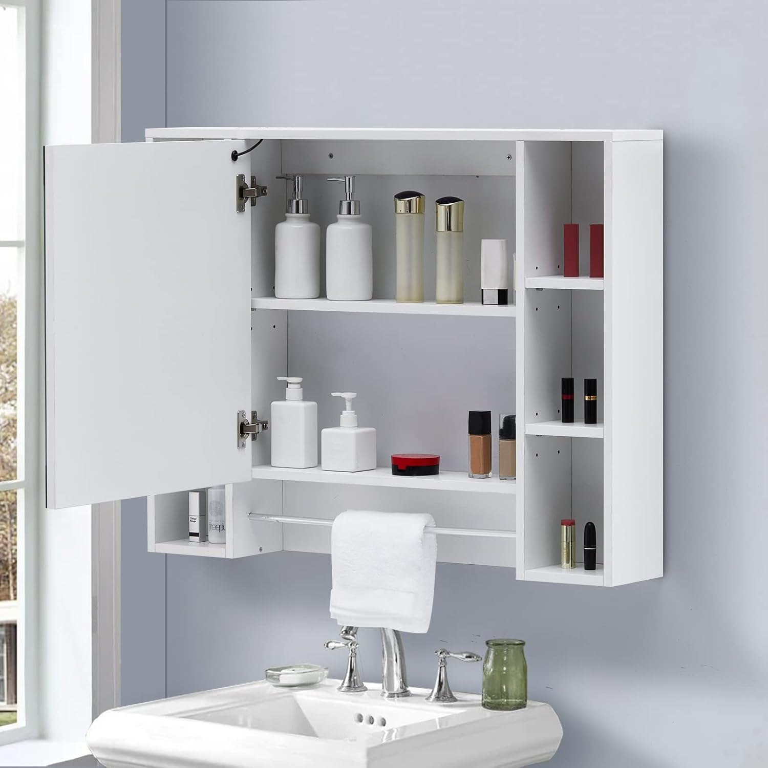 CLIPOP Armadietto da bagno con specchio illuminato a LED, armadietto da parete con ripiani regolabili in altezza e rack a torre, armadietto con specchio per soggiorno, bagno e WC