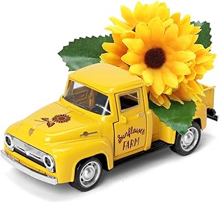 Huray Rayho Sunflower Metal Truck with Artificial Plastic Flower Yellow Vintage Farm Pickup Farmhouse Tabletop Tiered Tray Decor Home Kitchen Mantel Shelf Spring Summer Mini Diecast Truck Decorations