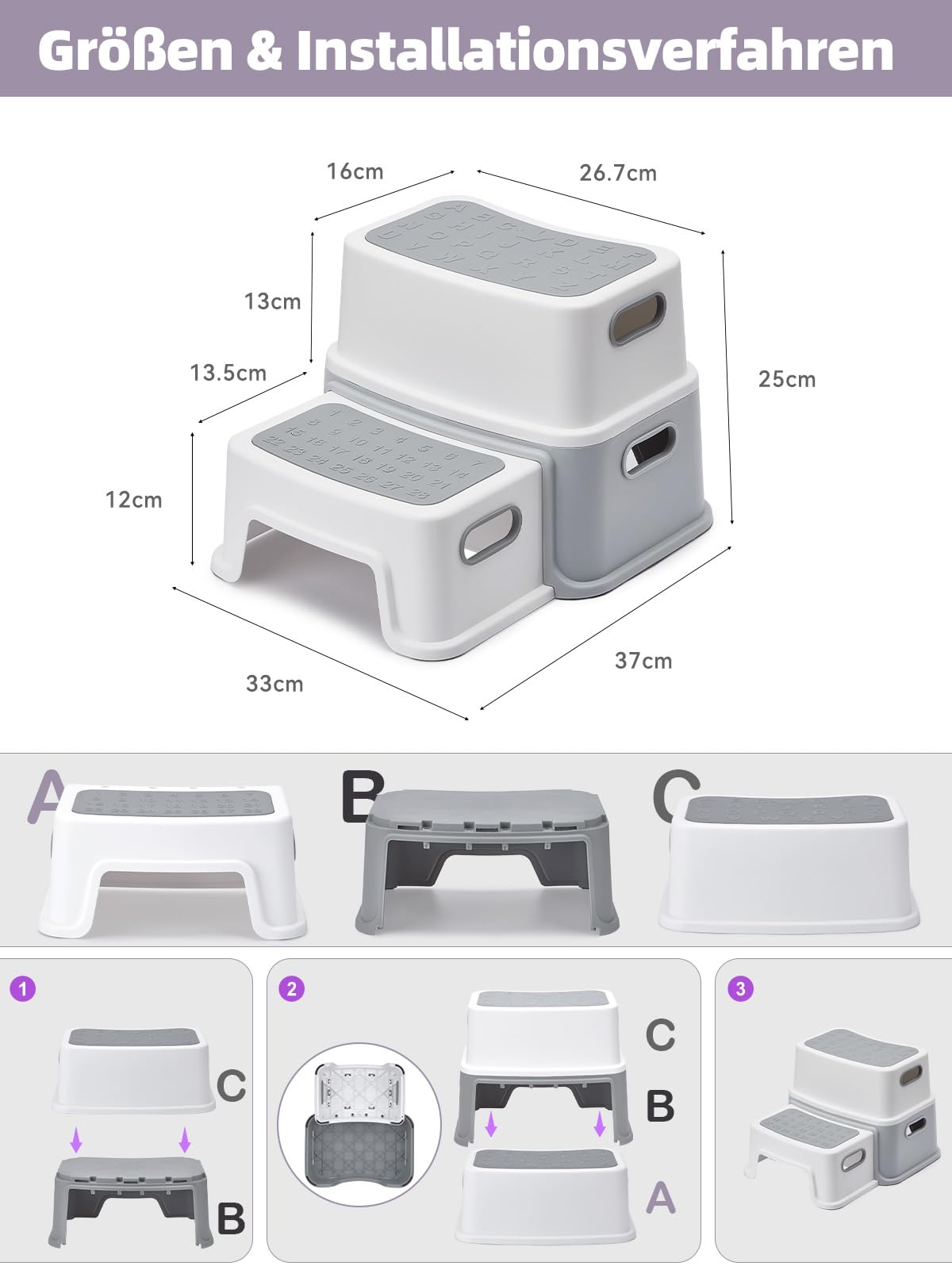 HOUSE DAY Sgabello per bambini, 2 gradini (altezza 25 cm), sicuro, con piedini antiscivolo per bagno, sgabello per WC, sgabello antiribaltabile