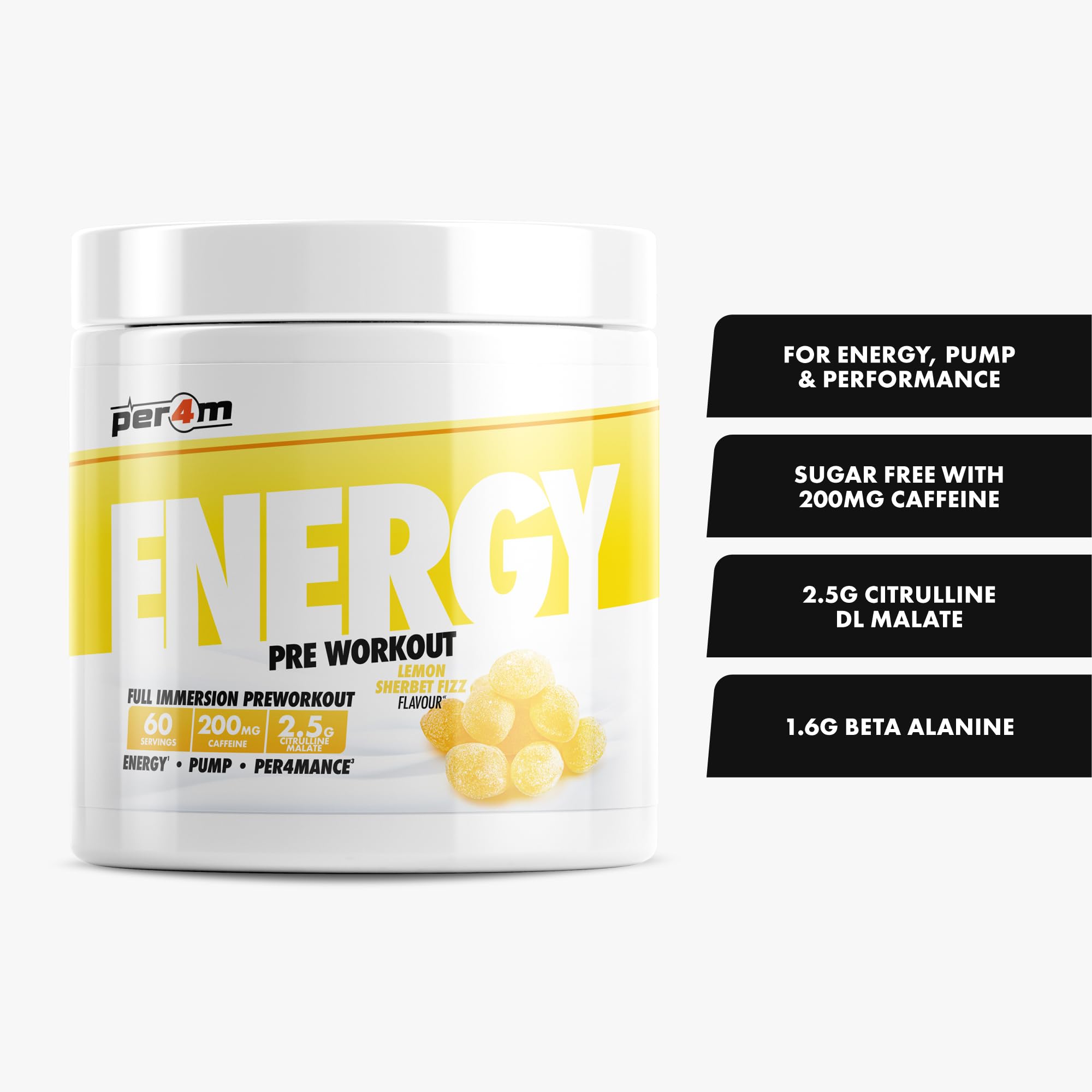 Per4m Energy Pre-Workout (60 Servings) Fizz au citron et au sherbet