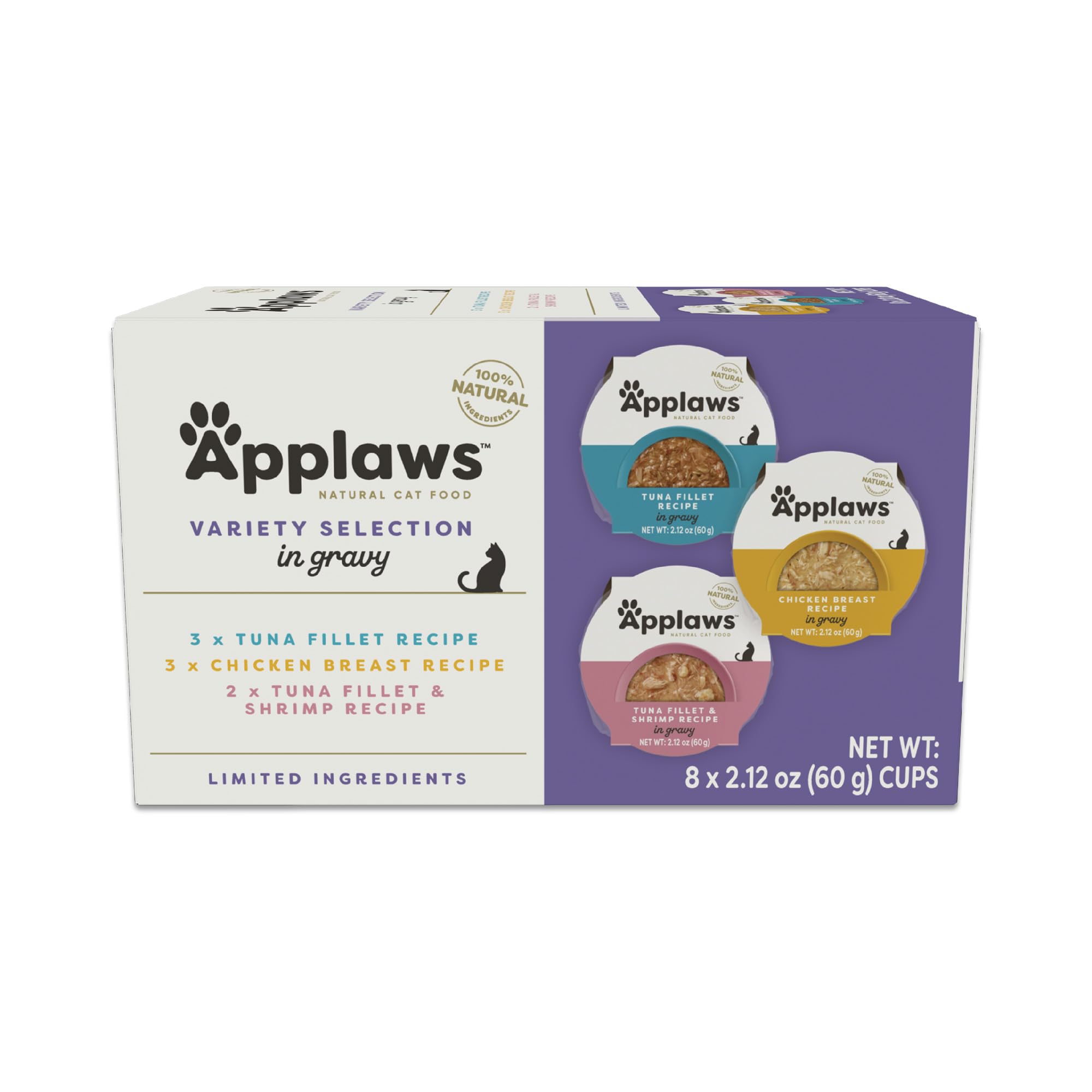 Natural Wet Cat Food in Gravy, Limited and Natural Ingredients, High Protein with No Artificial Additives, Variety Pack in Gravy (8X 2.12 oz Easy-Open Cups)