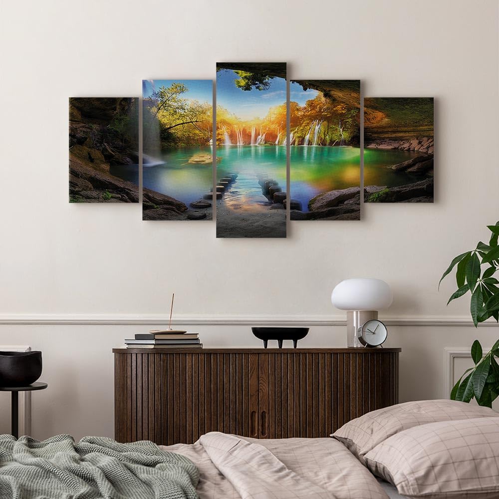murando Cuadro en Lienzo Paisaje Gruta 200x100 cm Impresión de 5 Piezas Material Tejido no Tejido Impresión Artística Imagen Gráfica Decoracion de Pared Cascada c-A-0127-b-m