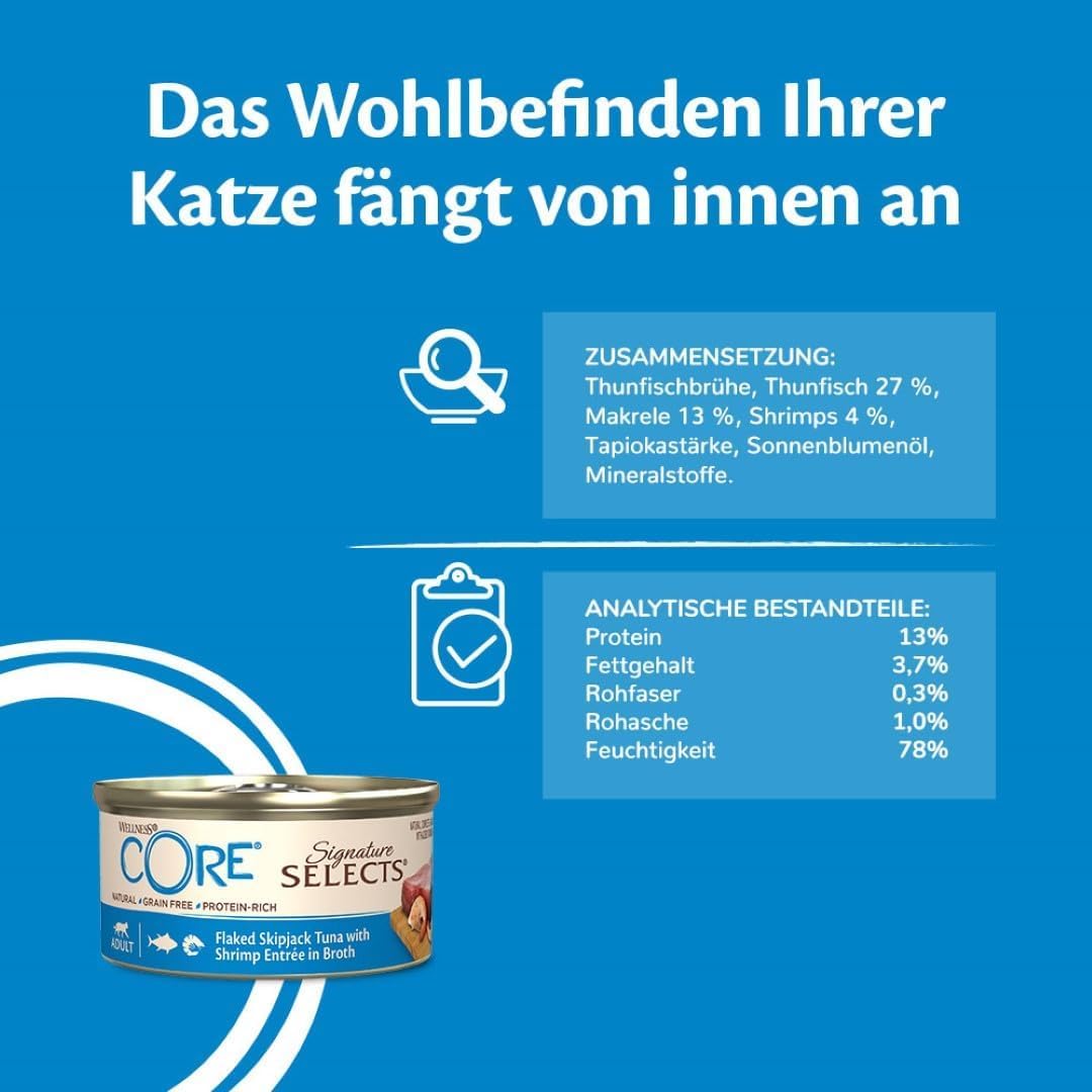 Wellness CORE Signature Selects Fisch-Bündel, 48 x 79g, Flaked Bonito & Garnelen, Flaked Bonito & Lachs, Nassfutter für ausgewachsene Katzen in Brühe, ohne Zuckerzusatz, getreidefrei, mit hohem Fleisc