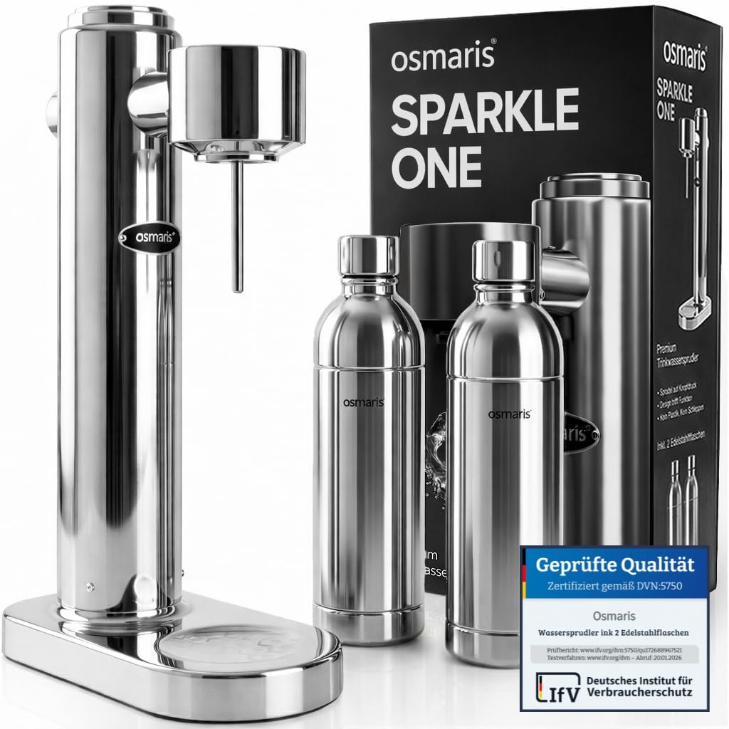 Wassersprudler aus hochwertigem Edelstahl - Design Soda Maker inkl. 2x 1,1 L Edelstahlflaschen - geschmacksneutral & 100% dicht - Sprudelwasser Maschine mit Druckablassventil für moderne Küchen